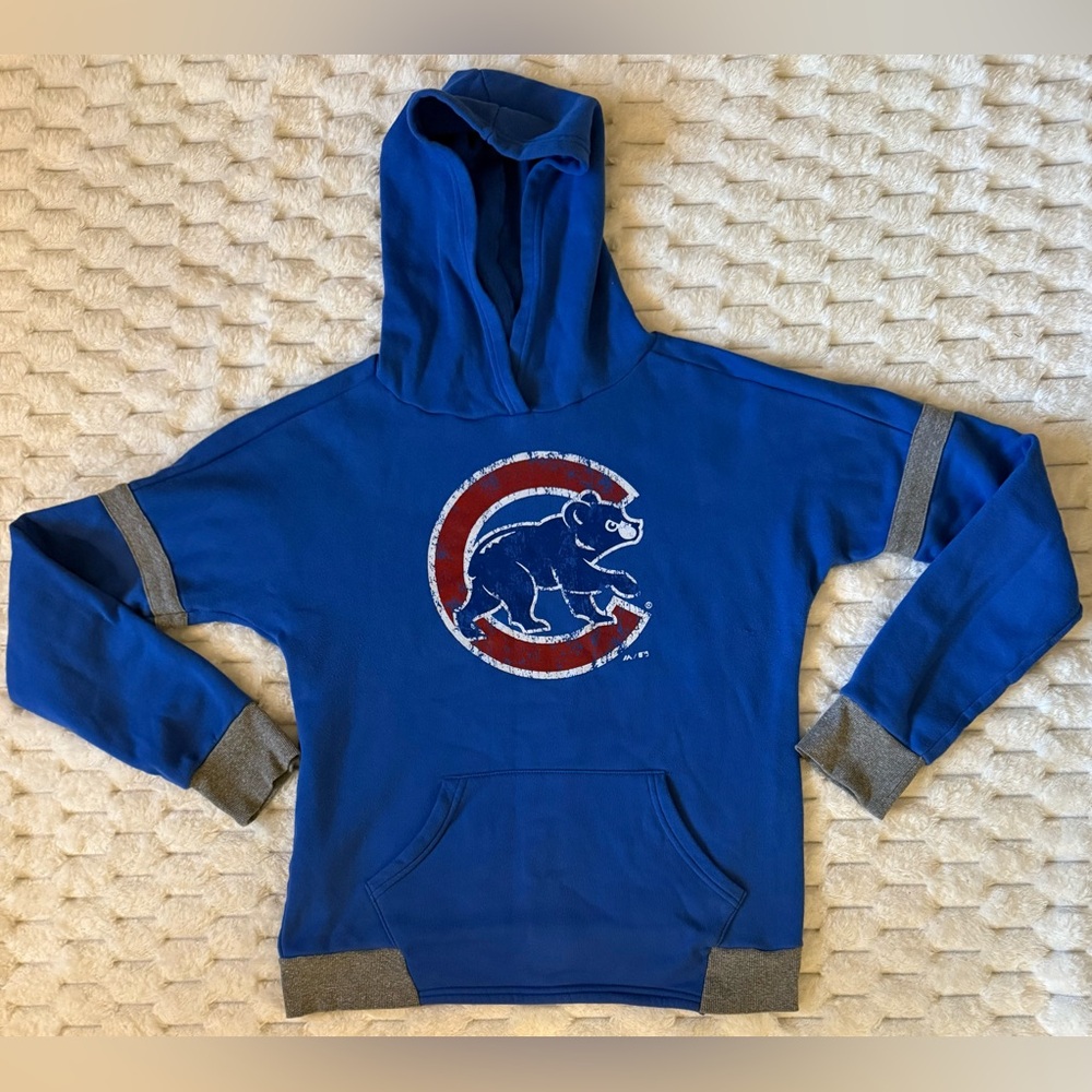 Majestic Threads Chicago Cubs Hoodie Women’s L Blue Gray Fleece Pullover - Picture 2 of 6